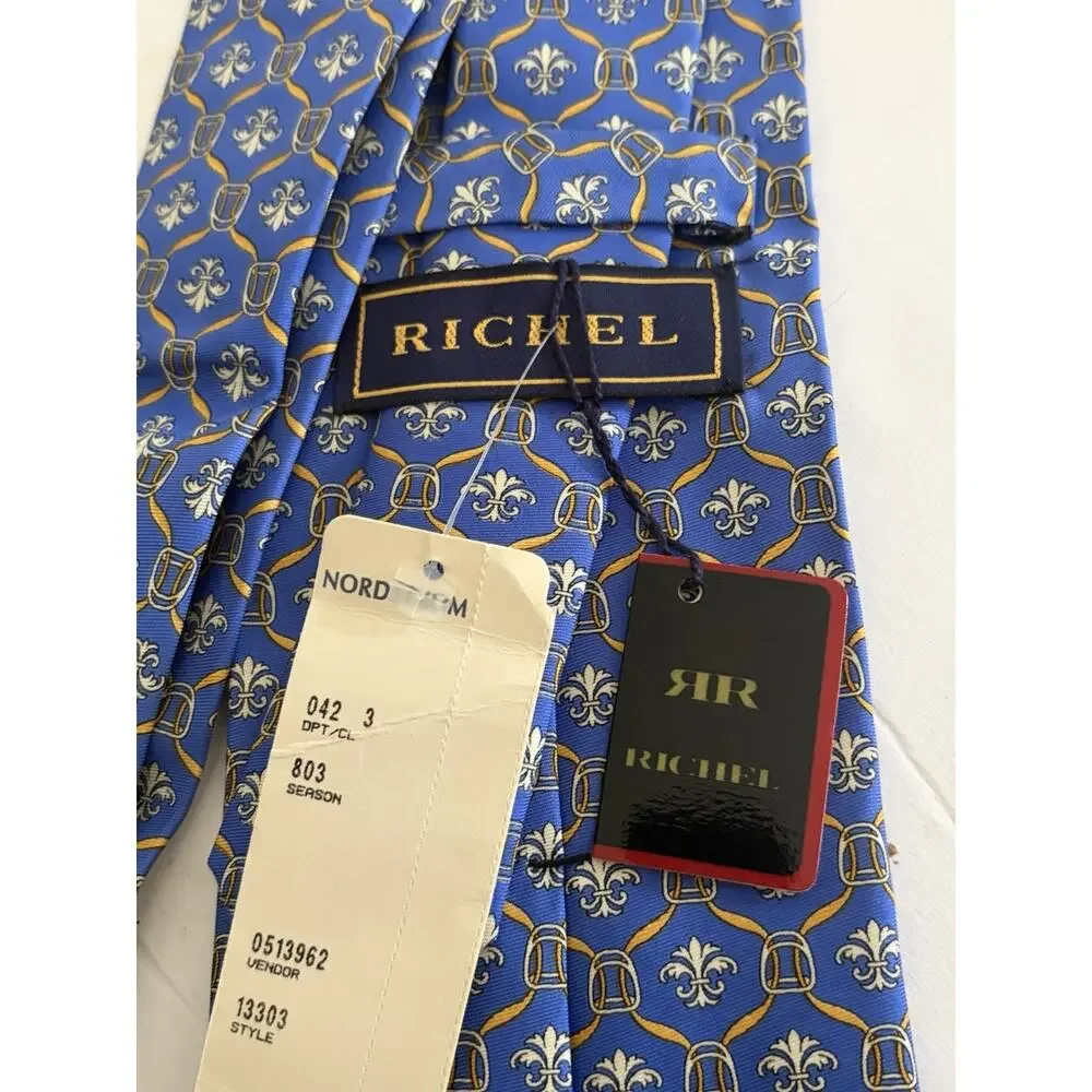 NWT Richel Blue 100% Pure Silk Hand Made In Spain Fleur De Lis Print Gold
